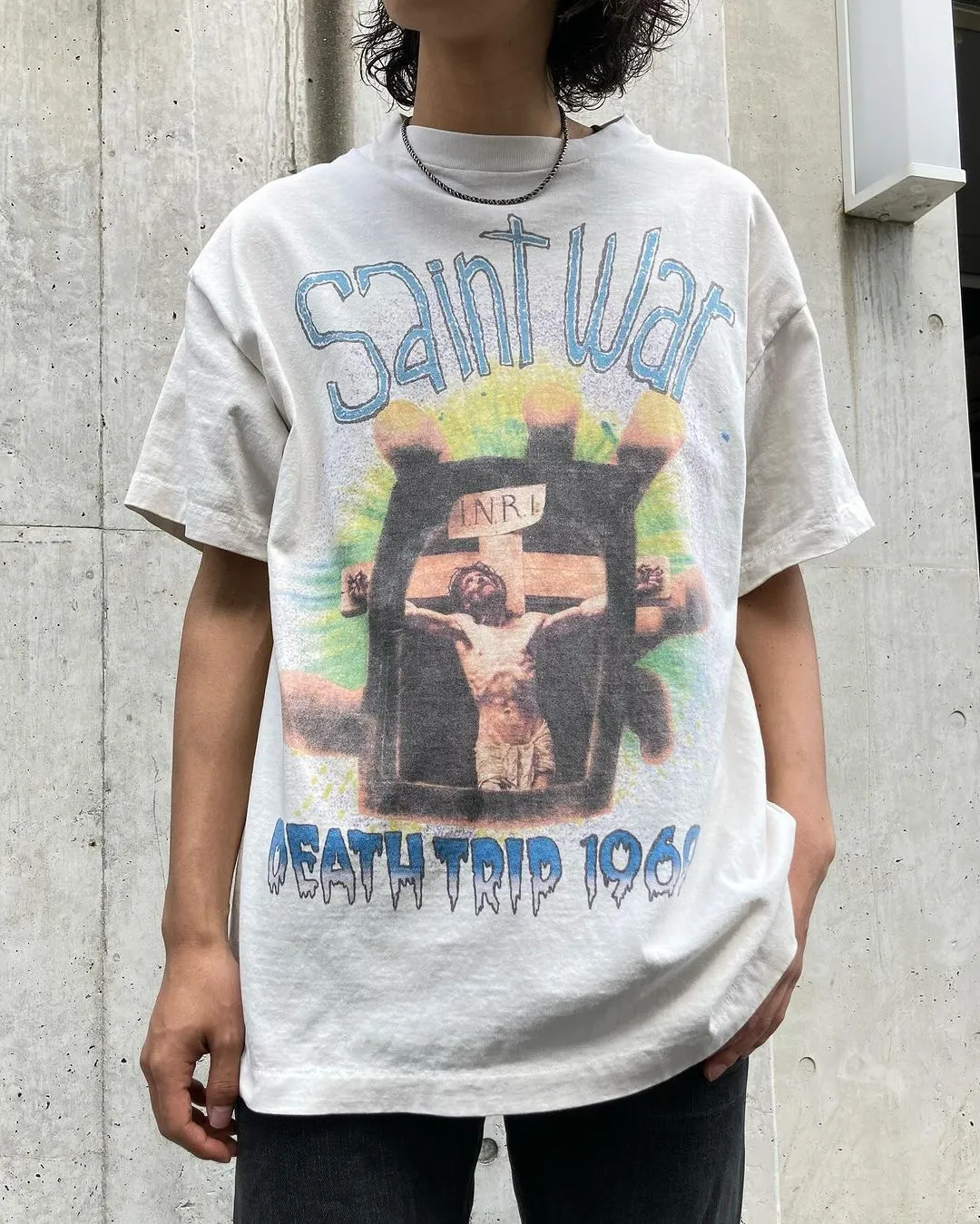 SAINT MICHAEL SAINT WAR TEE/WHAT new style Jesus cross retro short-sleeved, off-white S-XL, ready-to-wear, washed and distressed, printed repeatedly and modified, tube-woven seamless fabric, with little angel anti-counterfeiting label